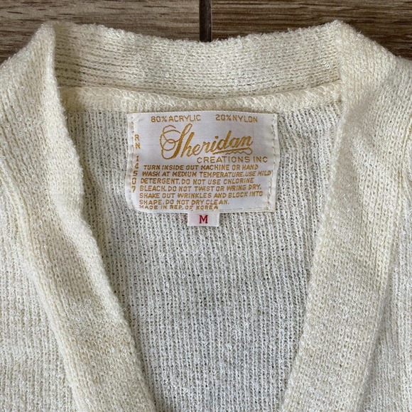 Vintage Cardigan Sweater Tie Belt Stripe Embroidered Flower Medium - Picture 5 of 9